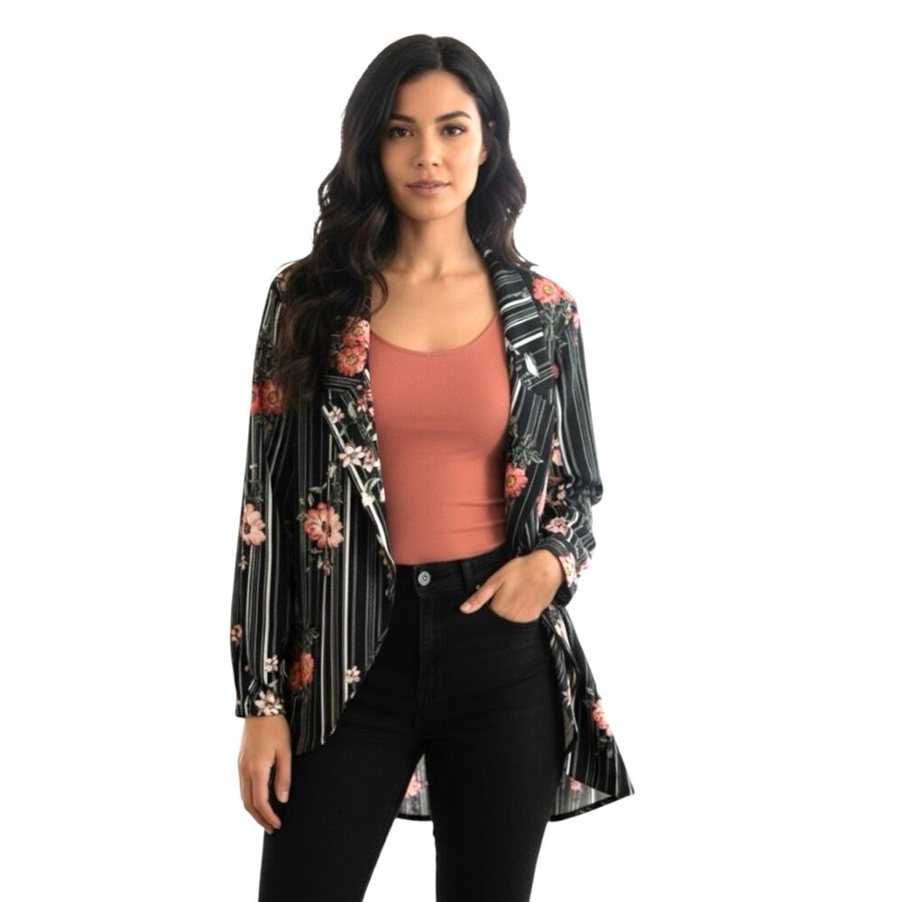 MOA MOA Floral Striped Open‎ Front Blazer Cardigan Black Drape Hem Jacket Size S